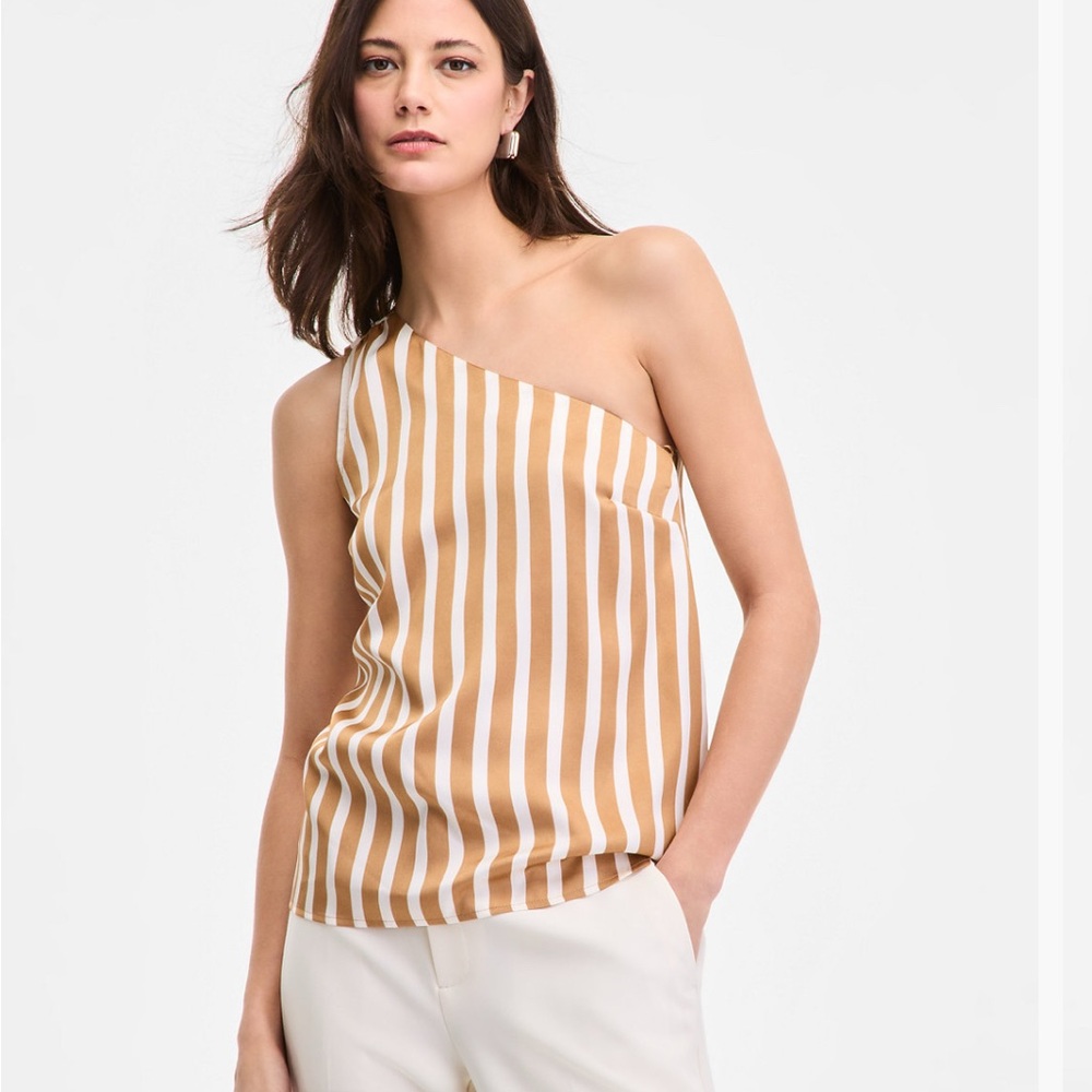 I.N.C Striped One-Shoulder Tan and White Top NWT Medium